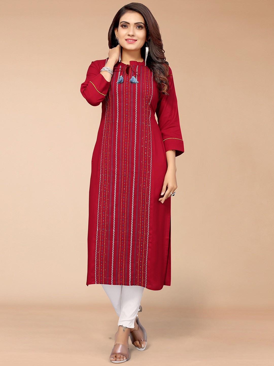 

KALINI Women Maroon Embroidered Viscose Rayon Kurta