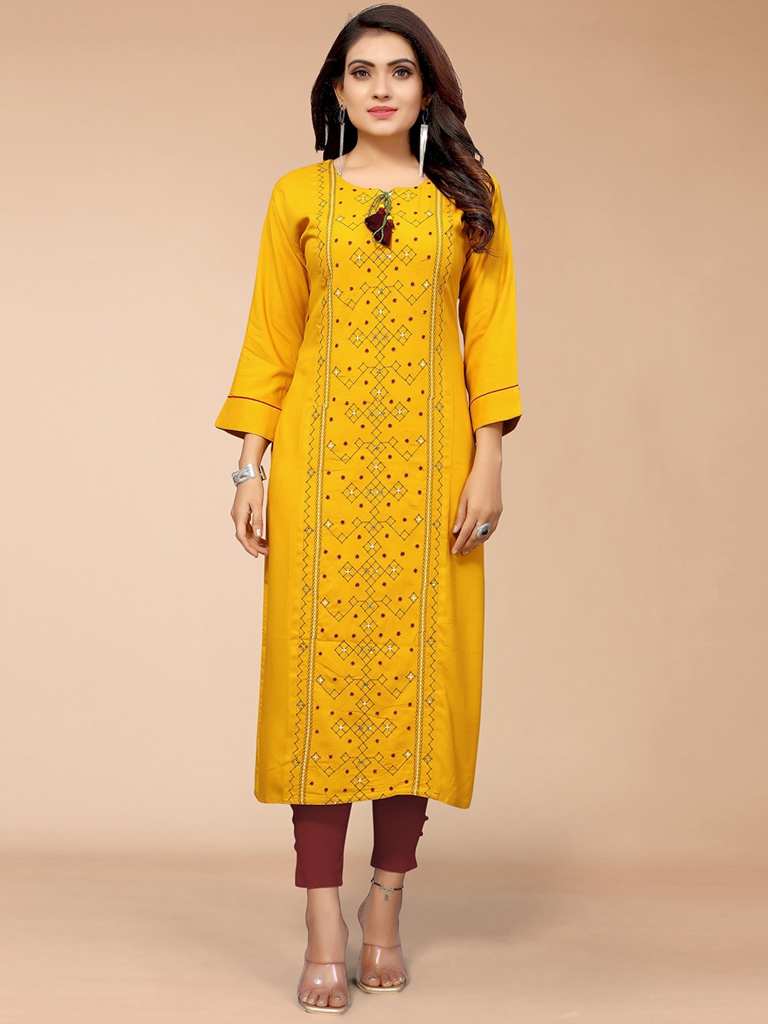 

KALINI Women Mustard Yellow Rayon Embroidered Thread Work Kurta
