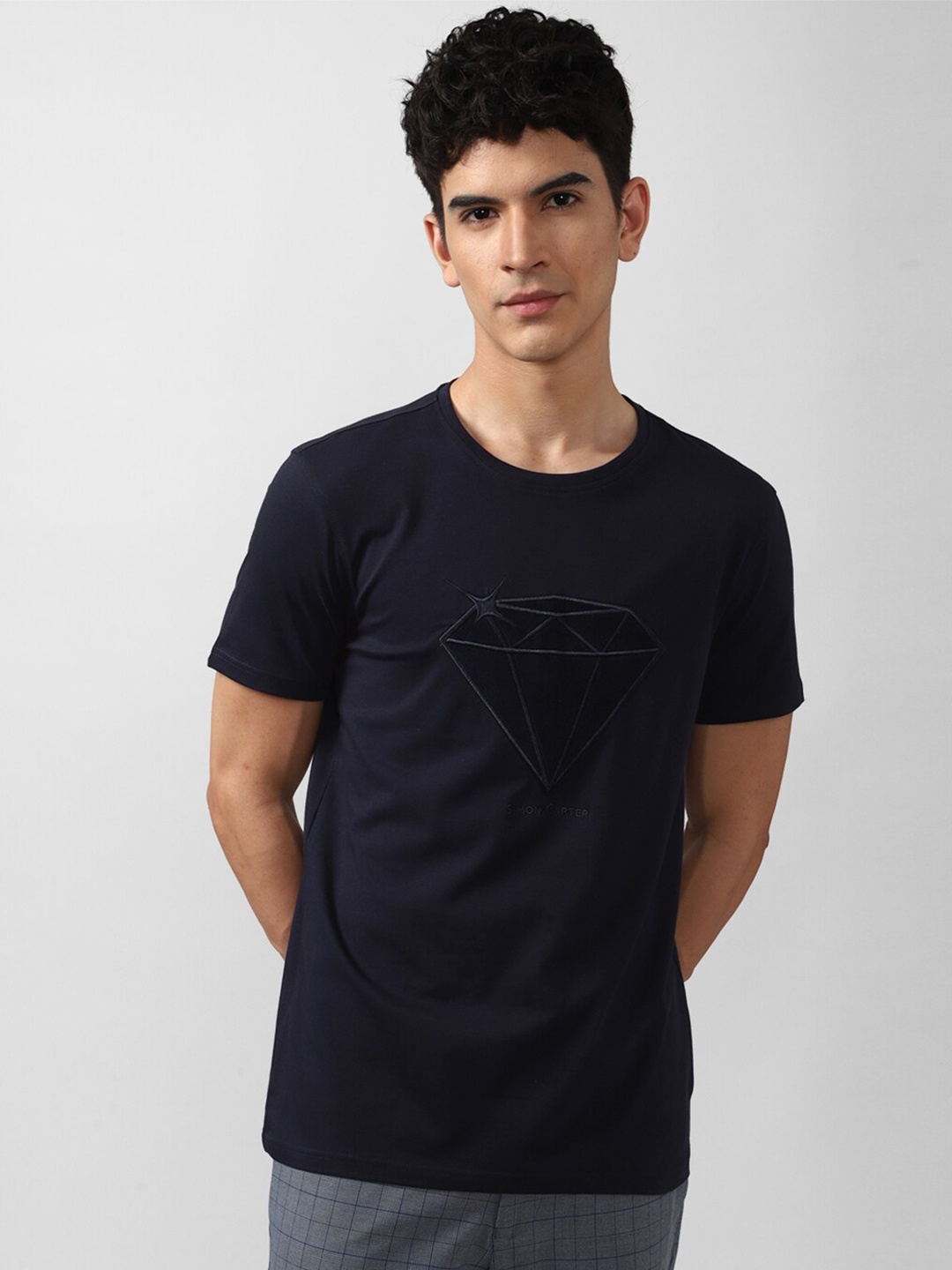 

SIMON CARTER LONDON Men Navy Blue Applique Slim Fit T-shirt