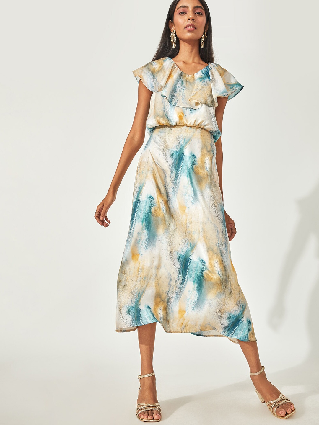 

The Label Life Women Blue Marble Printed A-Line Skirt