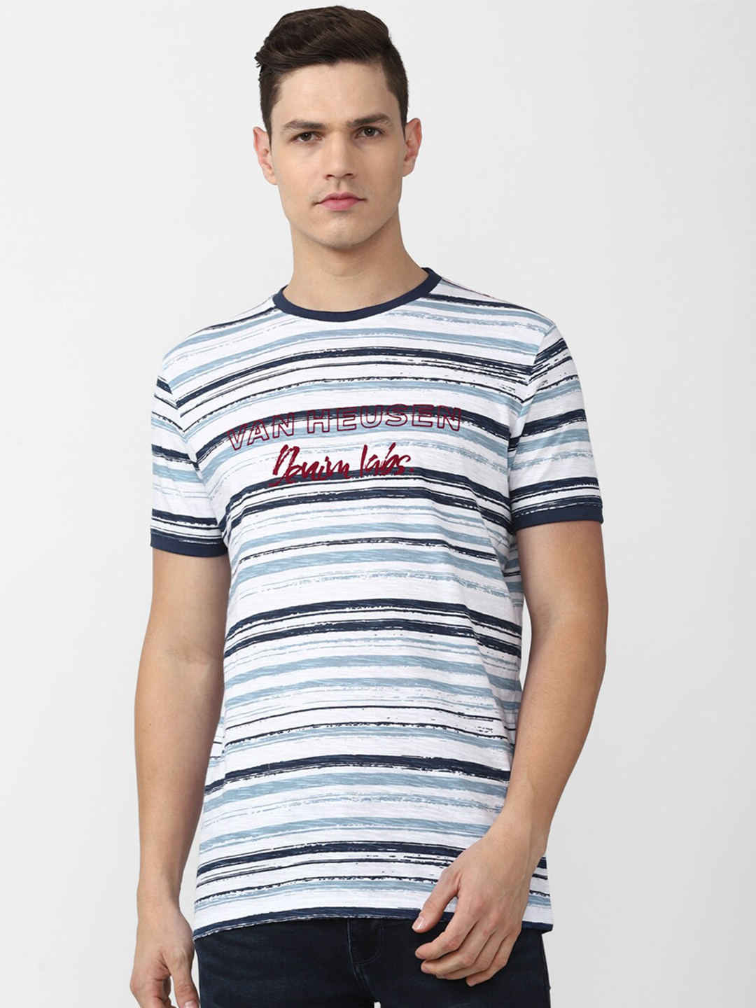 

VAN HEUSEN DENIM LABS Men Blue & White Pure Cotton Striped T-shirt