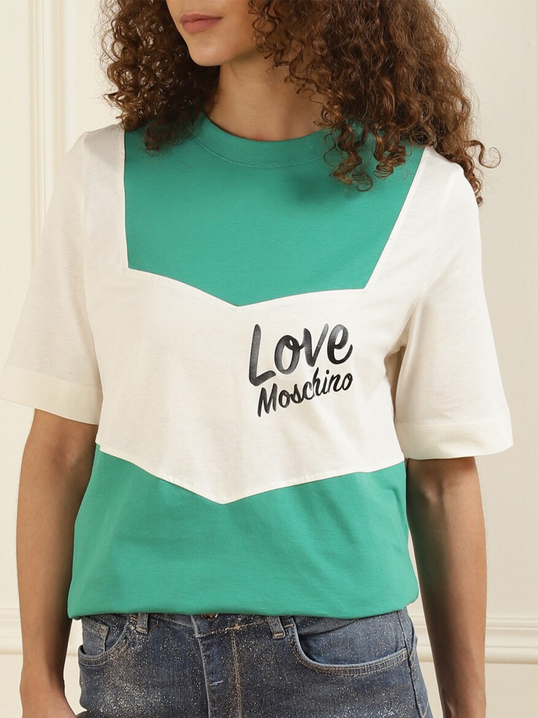 

LOVE MOSCHINO Women Green & Off White Typography Pure Cotton T-shirt