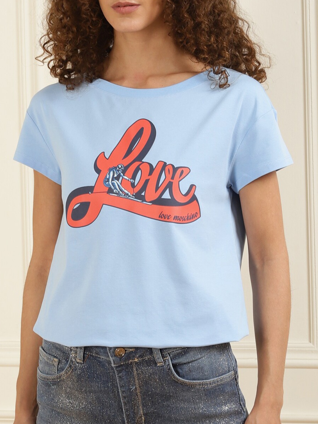 

LOVE MOSCHINO Women Blue Printed Applique T-shirt