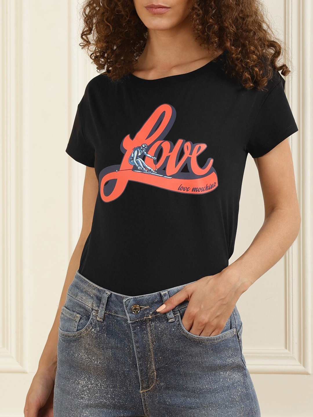 

LOVE MOSCHINO Women Black Typography Printed Cotton T-shirt