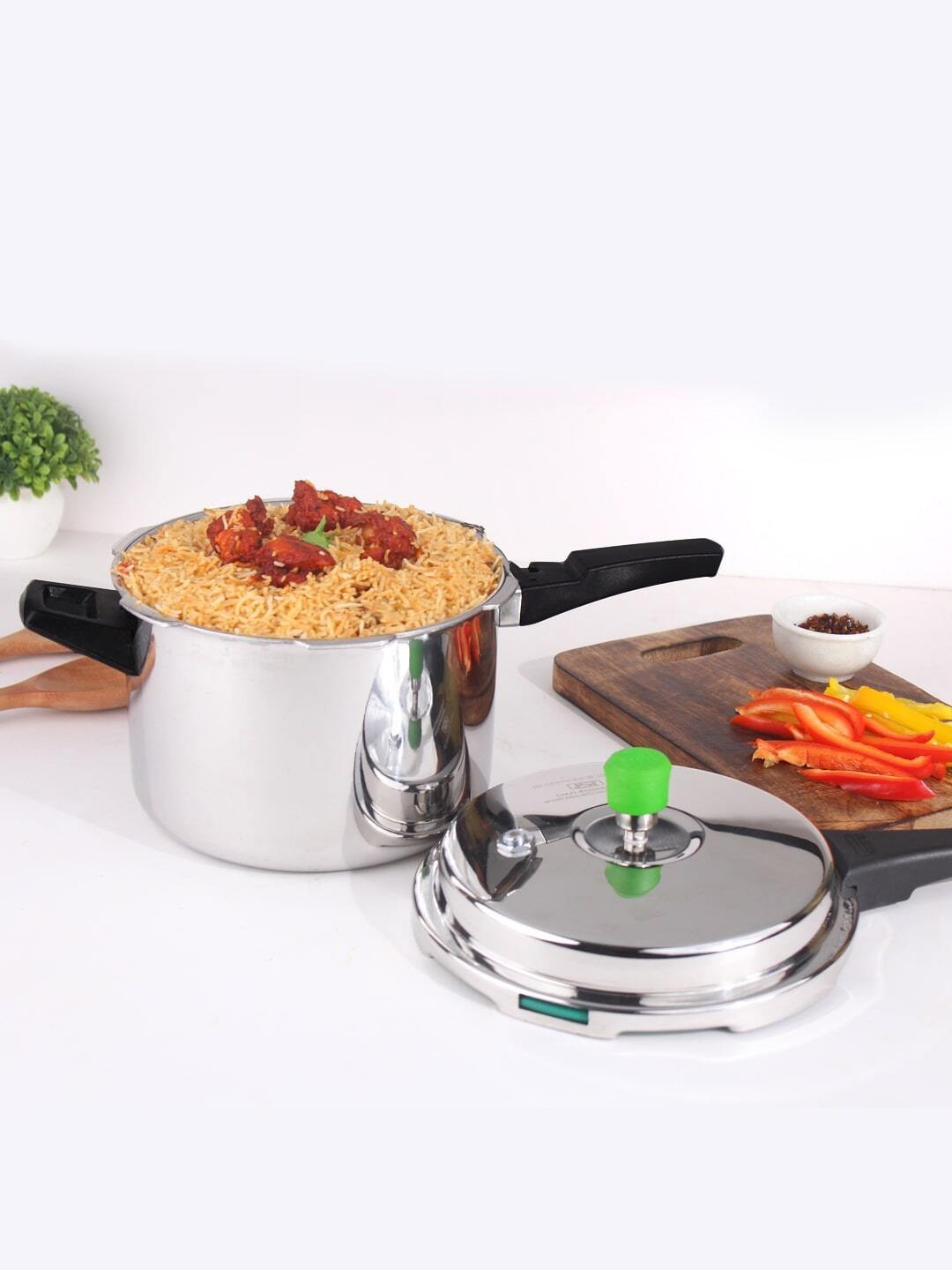 

The Indus Valley Steel-Colored & Black Solid Stainless-Steel Pressure Cooker 5 L