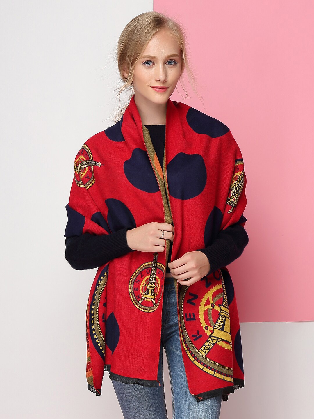 

JC Collection Women Printed Woollen Scarf, Red