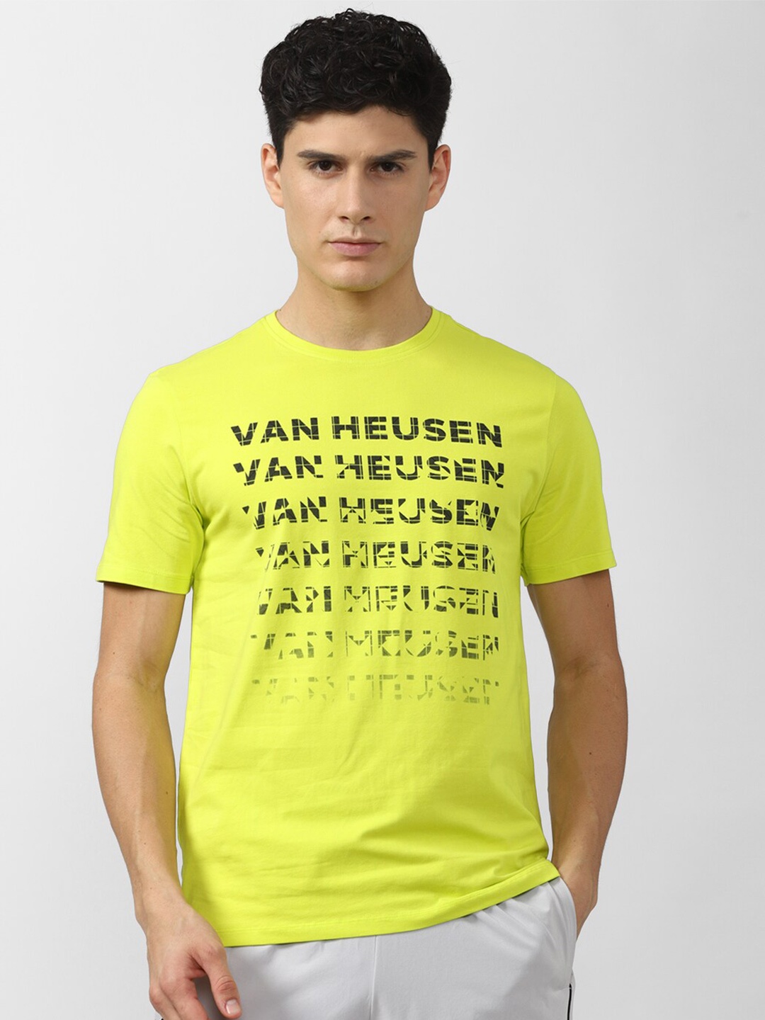 

Van Heusen Flex Men Green & Black Typography Printed Cotton Slim Fit Yoga T-shirt