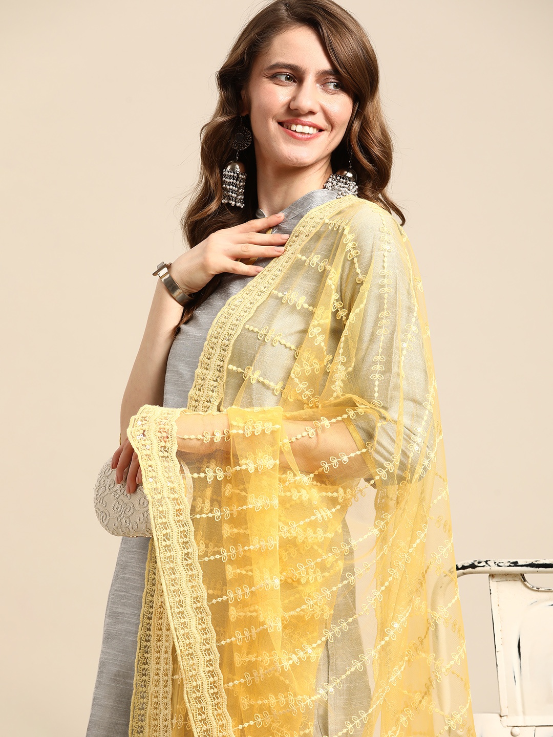 

Saadgi Yellow & Silver-Coloured Ethnic Motifs Embroidered Chikankari Sequin Dupatta