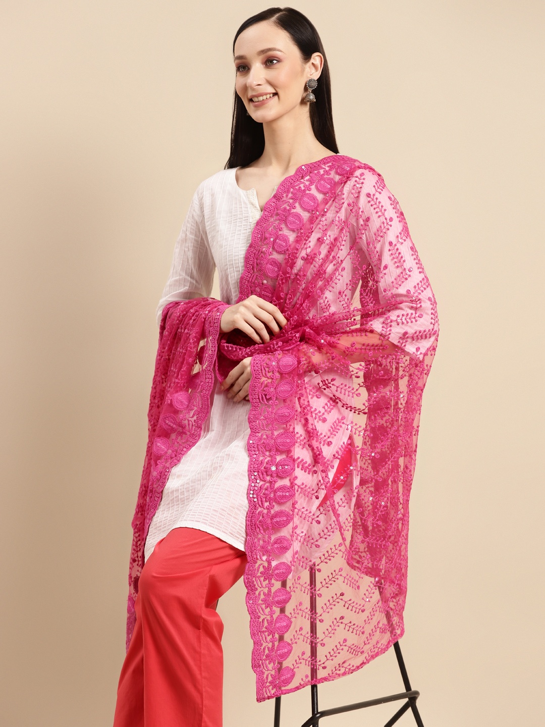 

Saadgi Pink & Silver-Coloured Ethnic Motifs Chikankari Sequin Dupatta, Violet