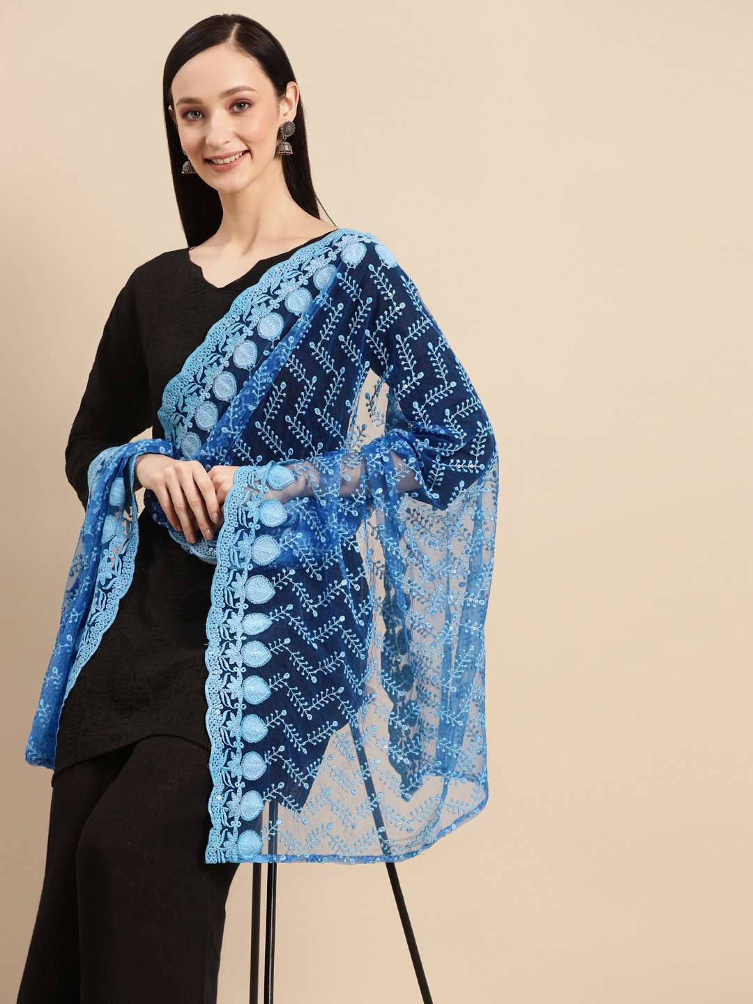 

Saadgi Turquoise Blue & Silver-Coloured Ethnic Motifs Chikankari Sequin Dupatta