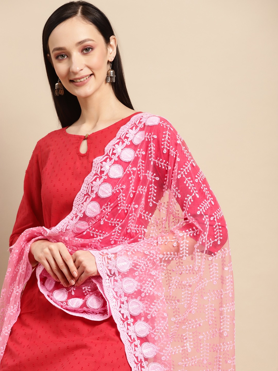 

Saadgi Rose & Silver-Coloured Ethnic Motifs Chikankari Sequin Dupatta