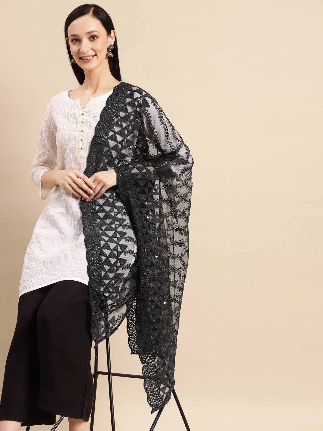 

Saadgi Black & Silver-Coloured Ethnic Motifs Chikankari Sequin Dupatta