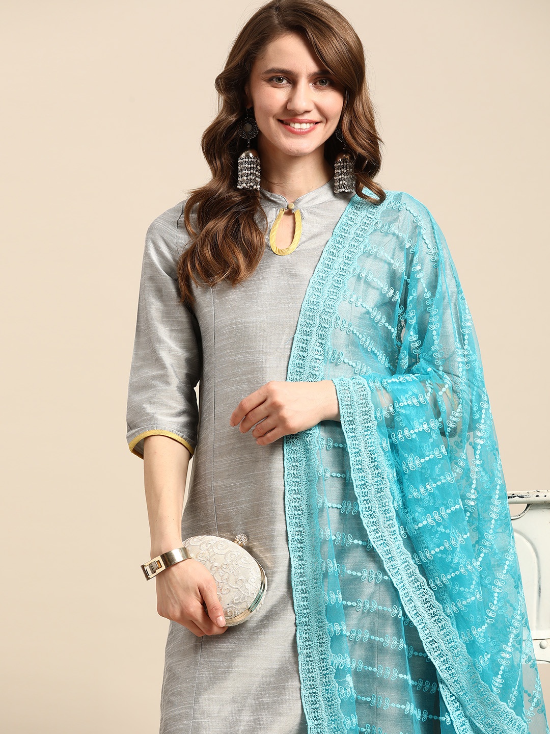 

Saadgi Turquoise Blue & Silver-Coloured Ethnic Motifs Chikankari Sequin Dupatta