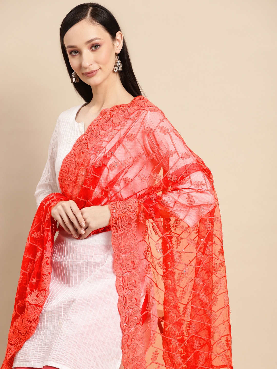 

Saadgi Red & Silver-Coloured Ethnic Motifs Chikankari Sequin Dupatta