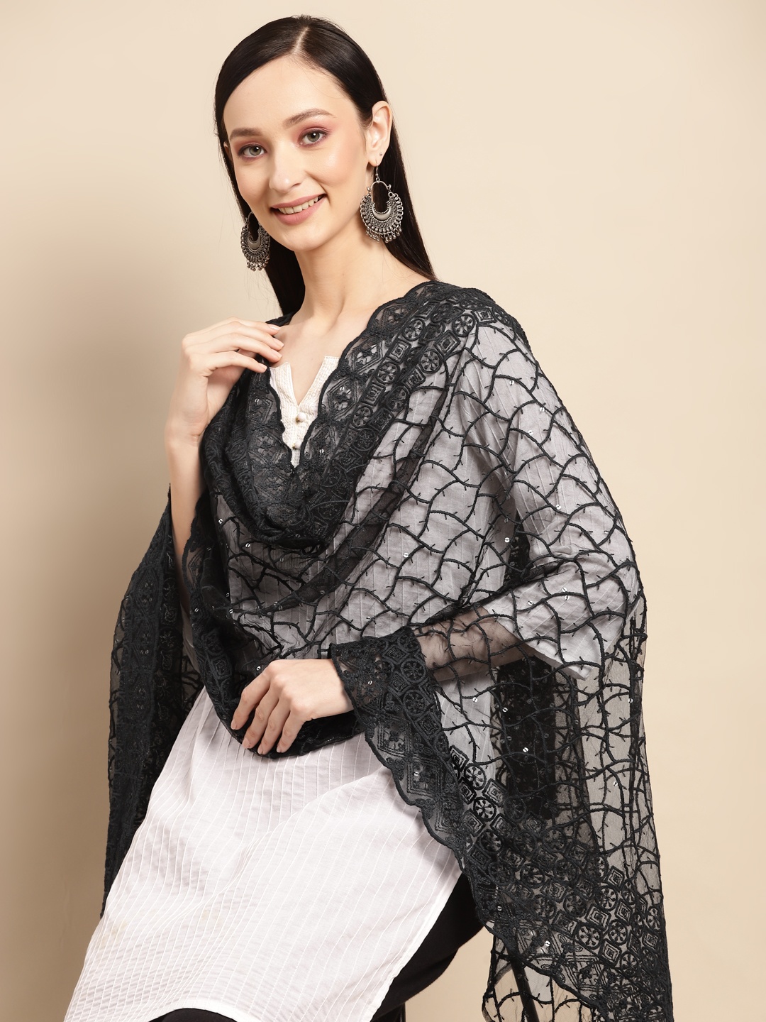 

Saadgi Black & Silver-Coloured Ethnic Motifs Chikankari Sequin Dupatta