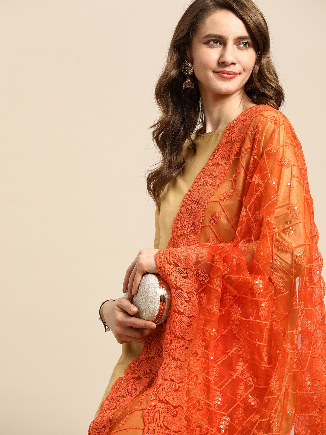 

Saadgi Orange & Silver-Coloured Ethnic Motifs Embroidered Chikankari Sequin Dupatta