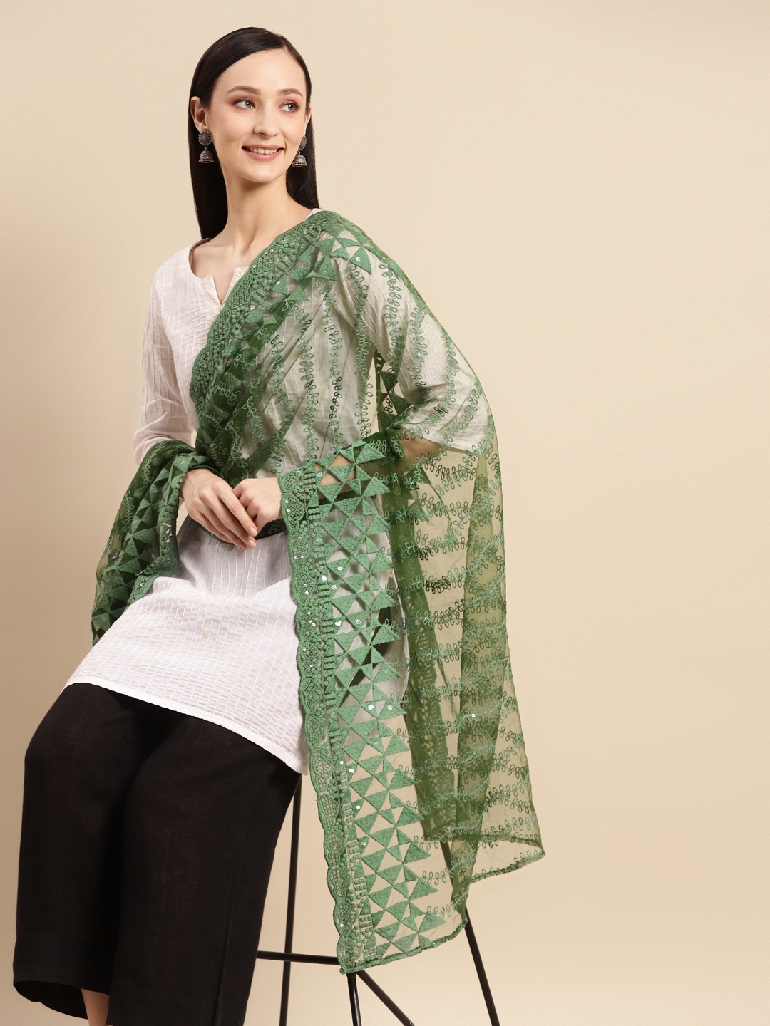 

Saadgi Olive Green & Silver-Coloured Ethnic Motifs Chikankari Sequin Dupatta