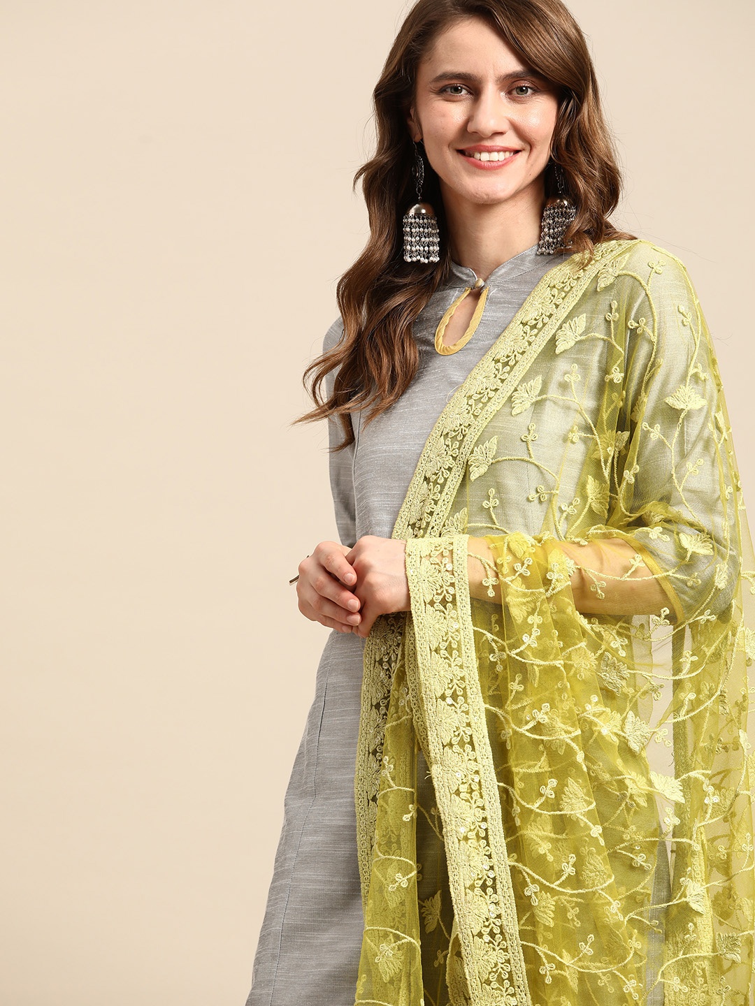 

Saadgi Lime Green & Silver-Coloured Ethnic Motifs Embroidered Chikankari Sequin Dupatta