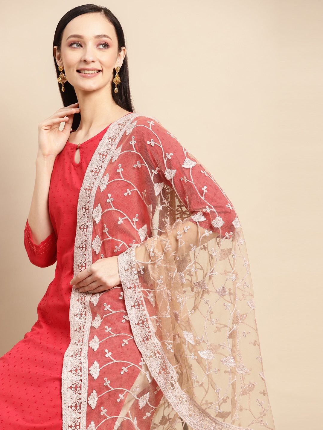 

Saadgi Beige & Silver-Coloured Ethnic Motifs Embroidered Chikankari Sequin Dupatta