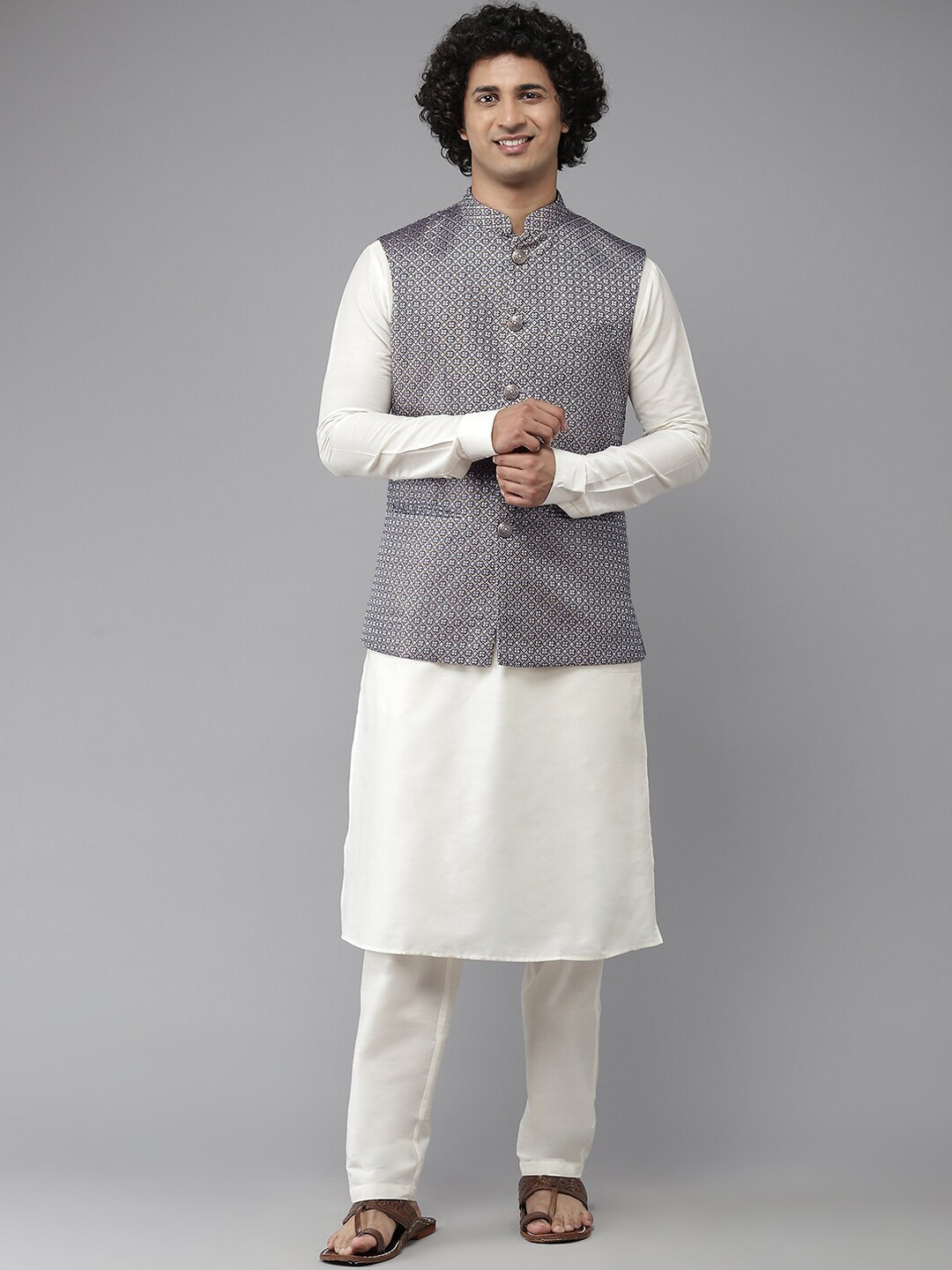 See Designs Men Blue Woven Design Nehru Jacket