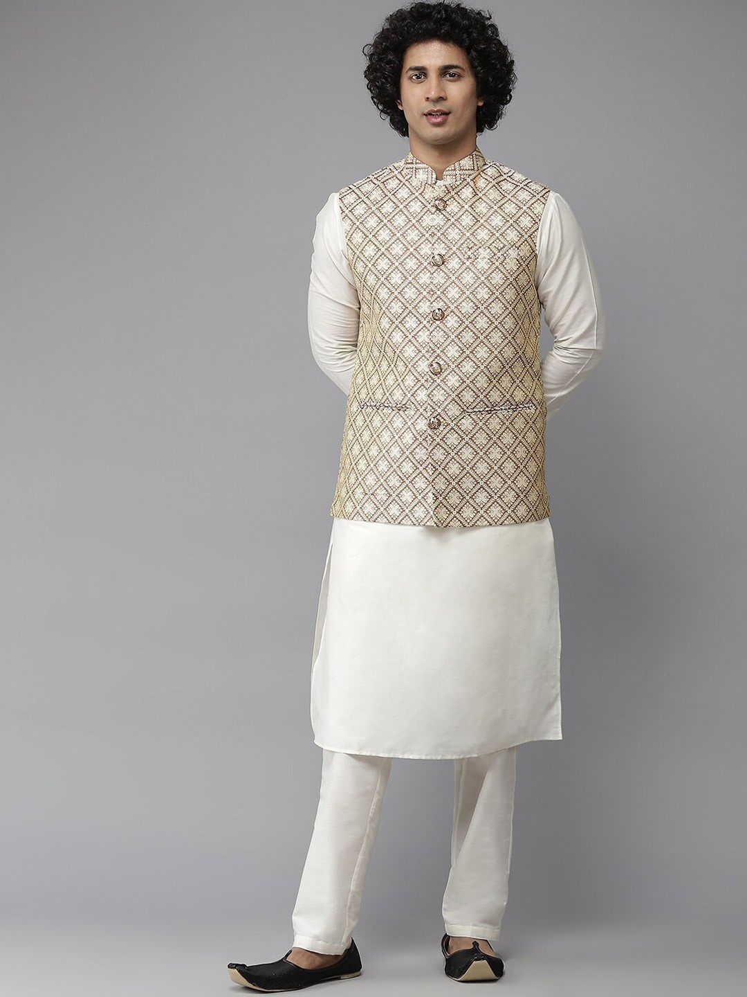 

See Designs Men Gold-Coloured & White Woven Design Nehru Jackets