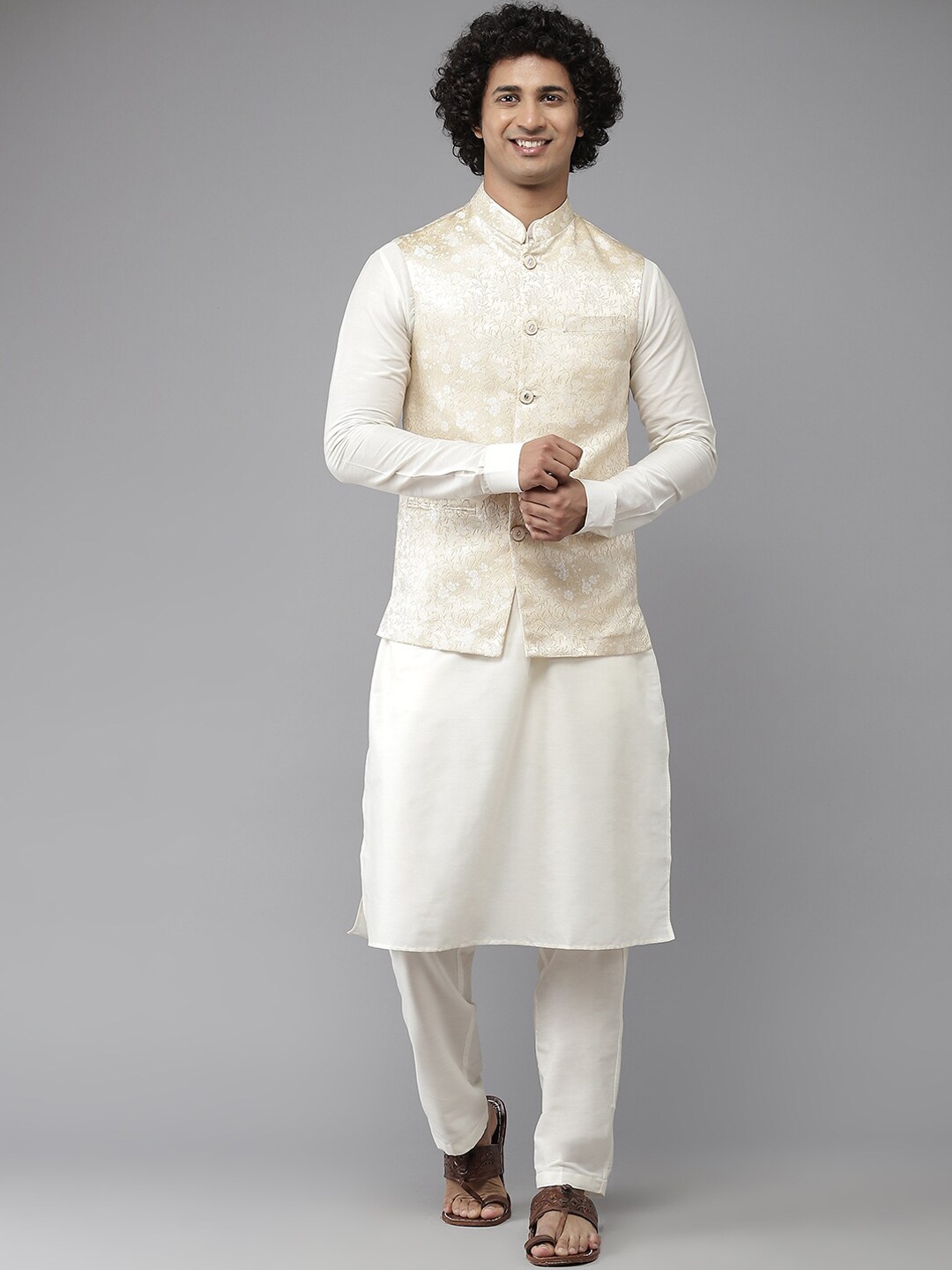 See Designs Men Gold-Toned & White Woven Design Nehru Jacket