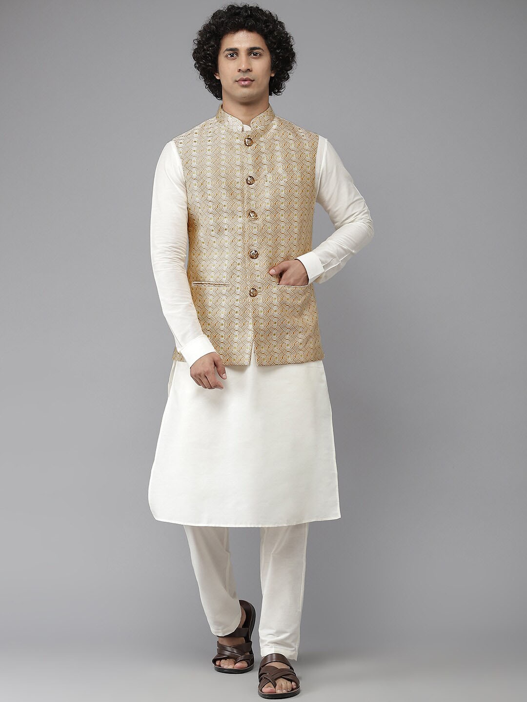 

See Designs Men Golden Woven Jacquard Nehru Jacket, Gold