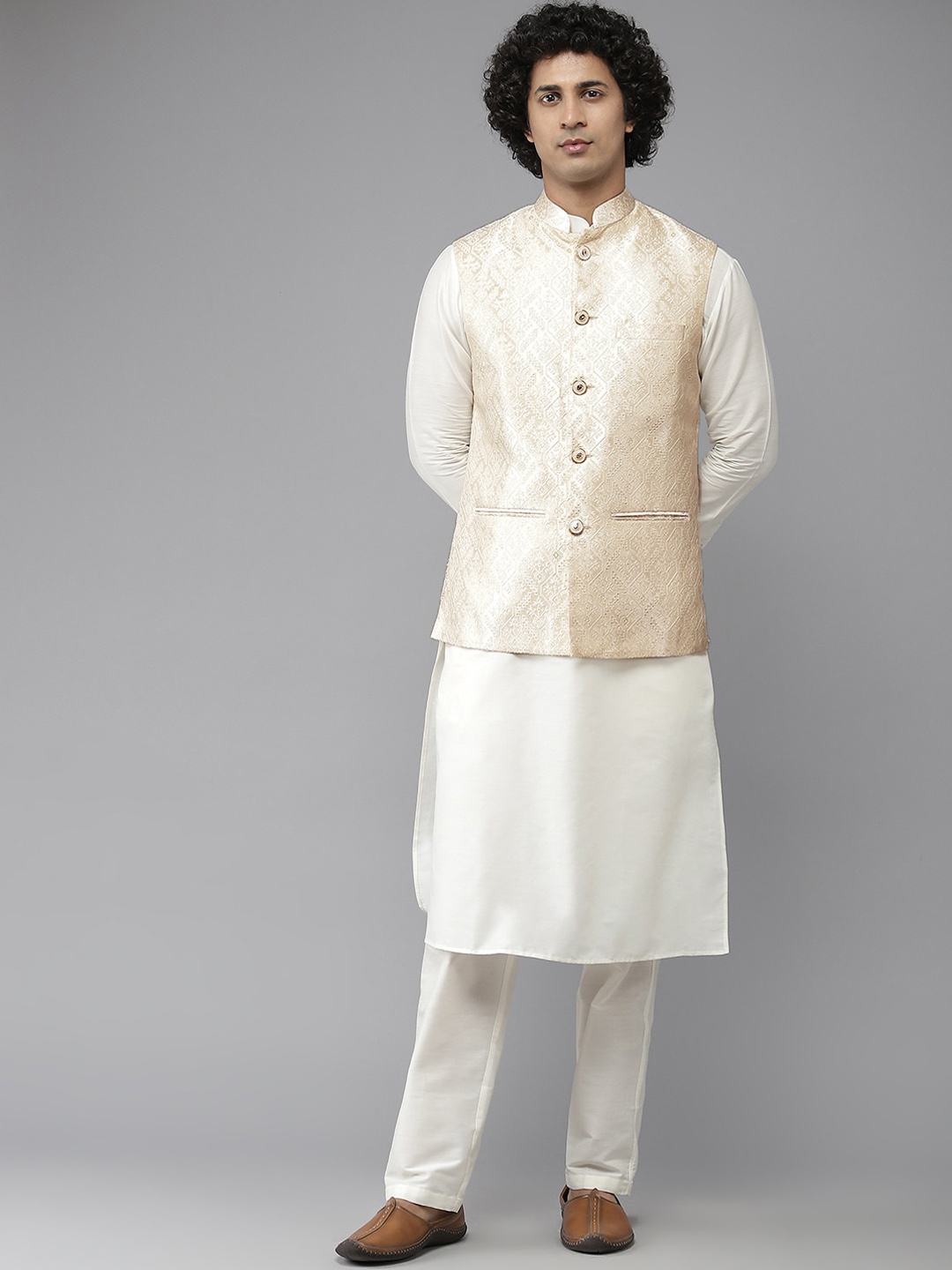 

See Designs Men Golden Woven Jacquard Nehru Jacket, Gold