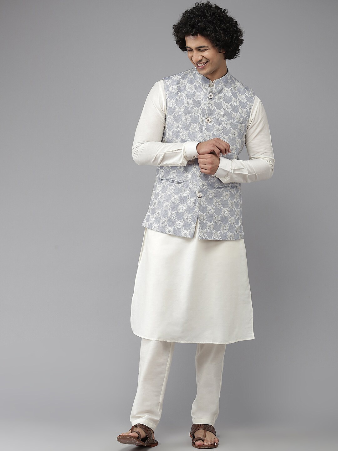 See Designs Men Turquoise Blue & White Woven Design Nehru Jackets