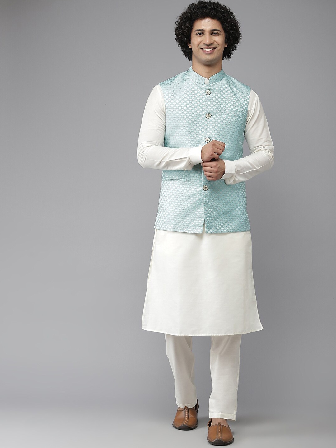 

See Designs Men Turquoise Blue Woven Jacquard Nehru Jackets