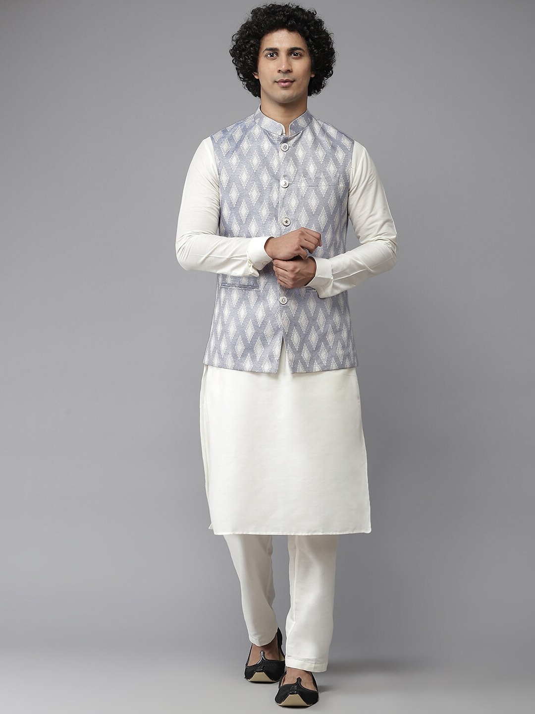 

See Designs Men Turquoise Blue Woven Design Nehru Jacket