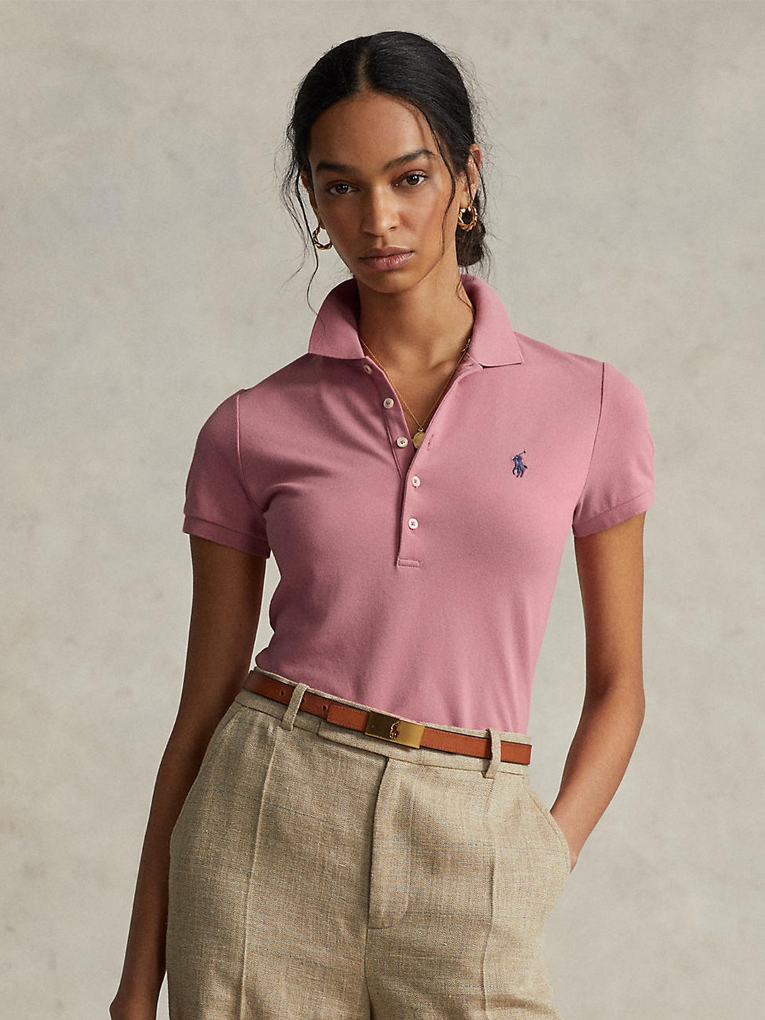 

Polo Ralph Lauren Women Pink Polo Collar Slim Fit T-shirt