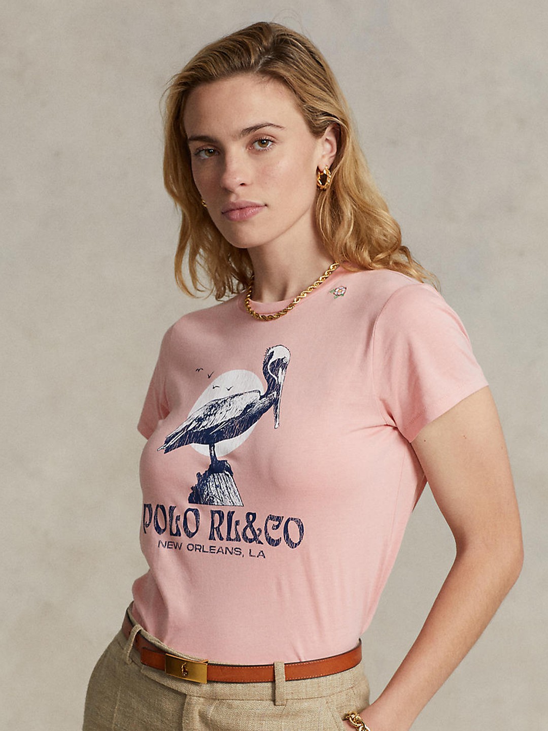 

Polo Ralph Lauren Women Pink & White Printed Pure Cotton T-shirt