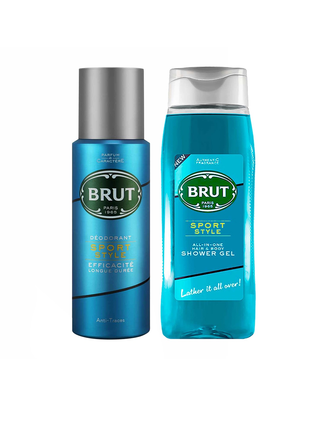 

BRUT Men Sport Style Deodorant 200ml with All-In-One Hair & Body Shower Gel 500ml, Blue