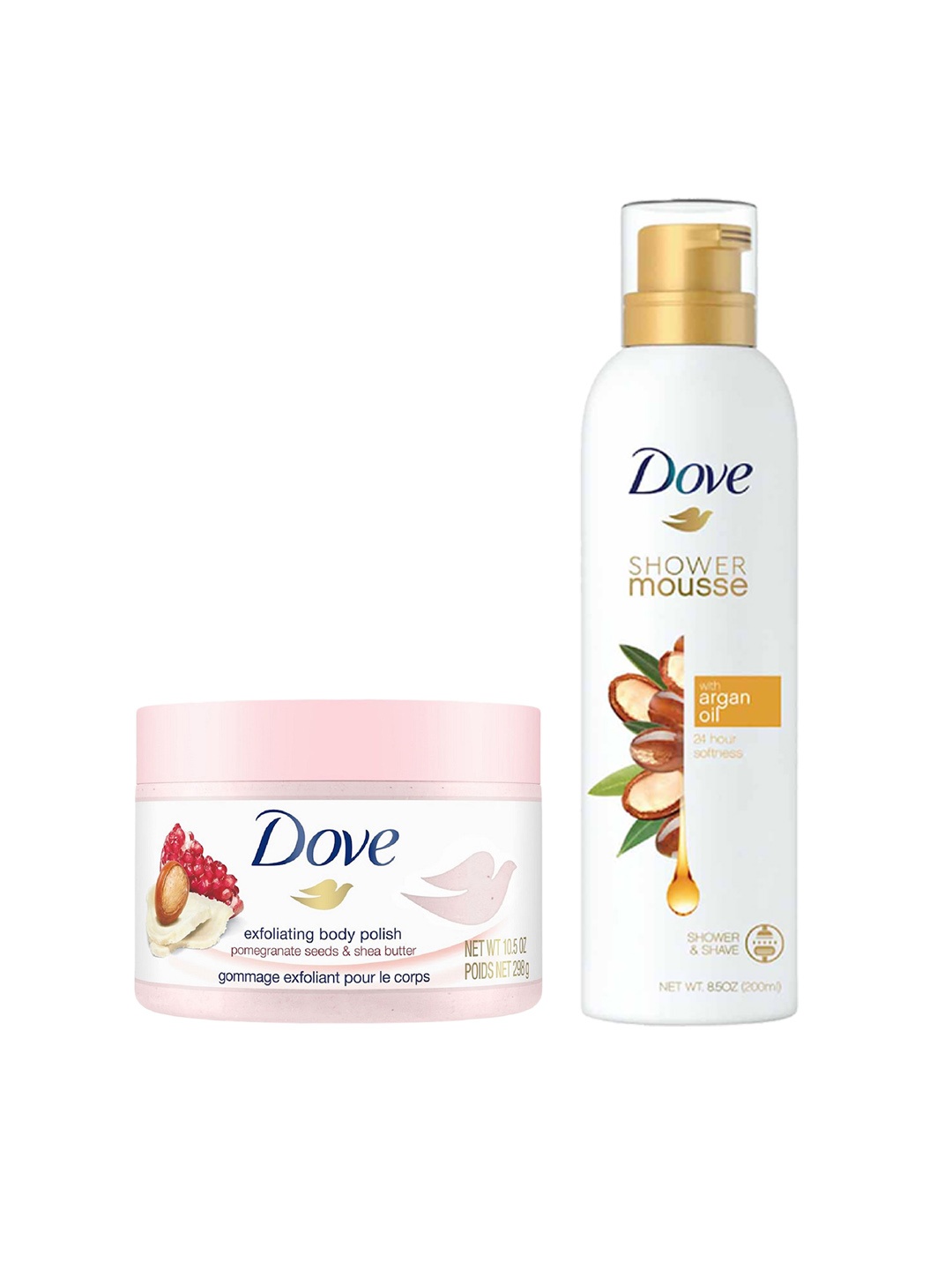 

Dove Set of Exfoliating Body Polish 298 g & Shower Mousse with Argan Oil 200 ml, White