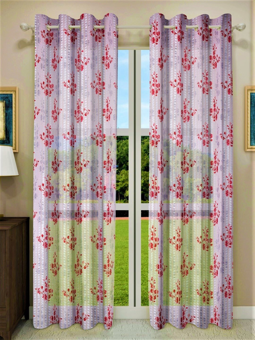 

Home Sizzler Set of 2 Floral Sheer Long Door Curtains, Red