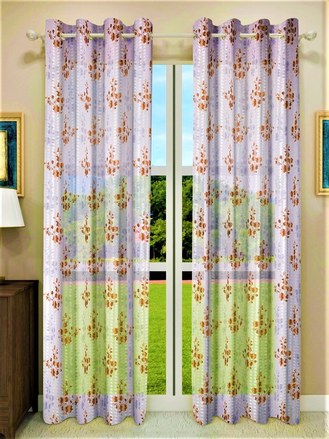 

Home Sizzler Set of 2 Floral Sheer Long Door Curtain, Brown
