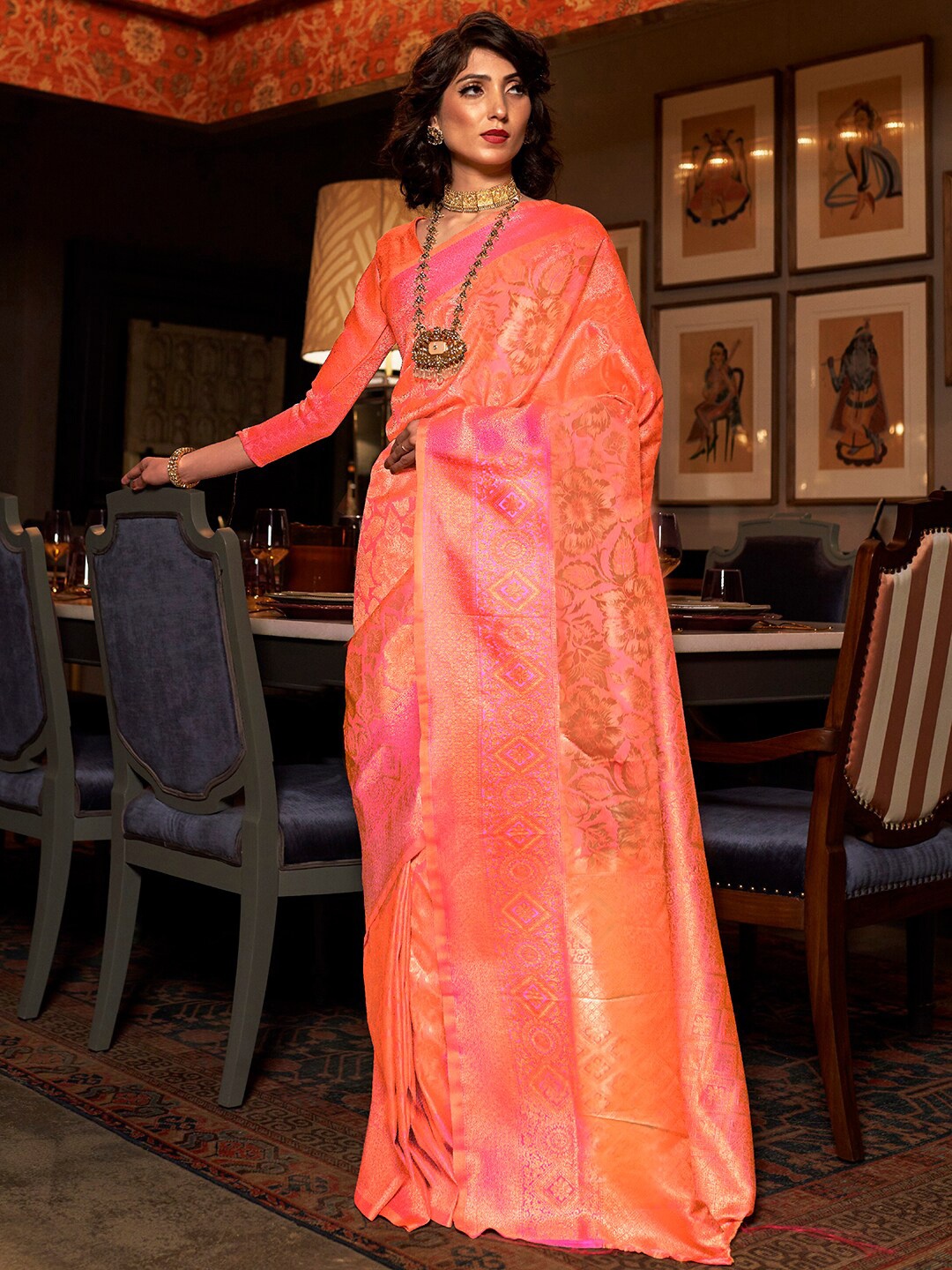 

Mitera Peach-Coloured & Gold-Toned Floral Zari Silk Blend Kanjeevaram Saree