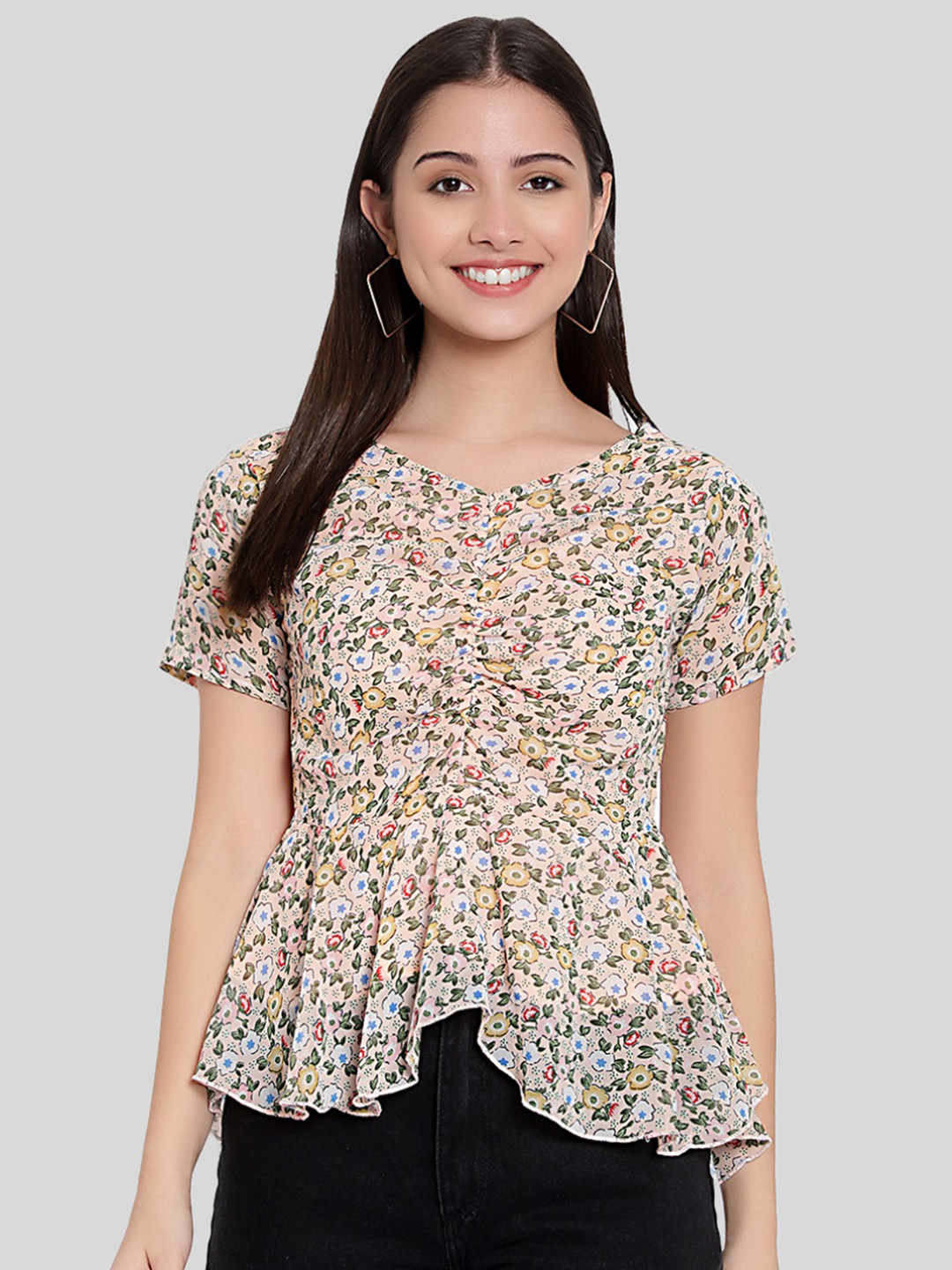 

FNOCKS Peach-Coloured Floral Printed Georgette Top