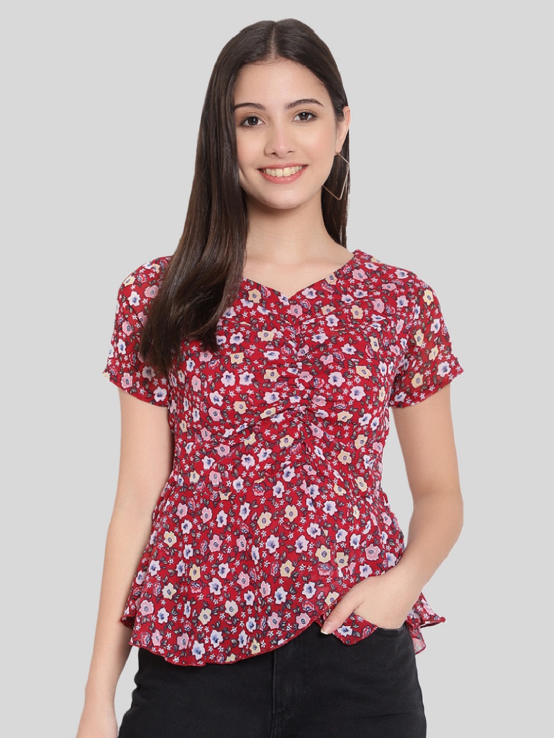 FNOCKS Maroon Floral Print Georgette Top