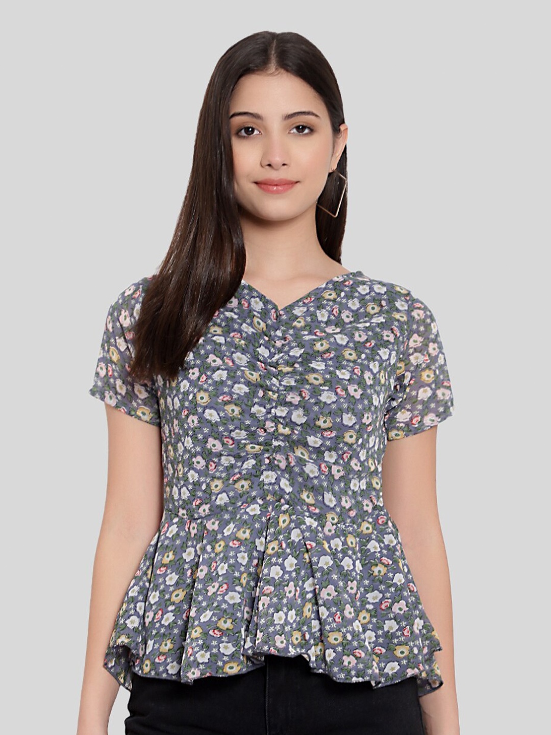 

FNOCKS Grey Floral Print Georgette Peplum Top