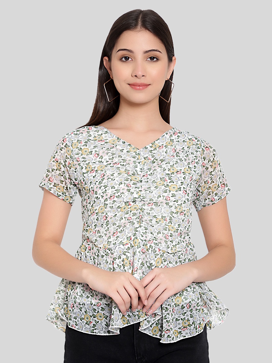 

FNOCKS White Floral Print Georgette Top