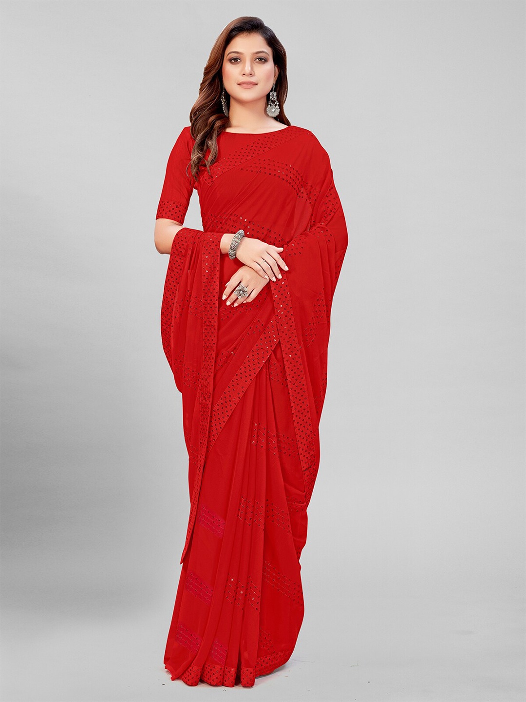 

Pratham Blue Red Embellished Sequinned Pure Georgette Saree