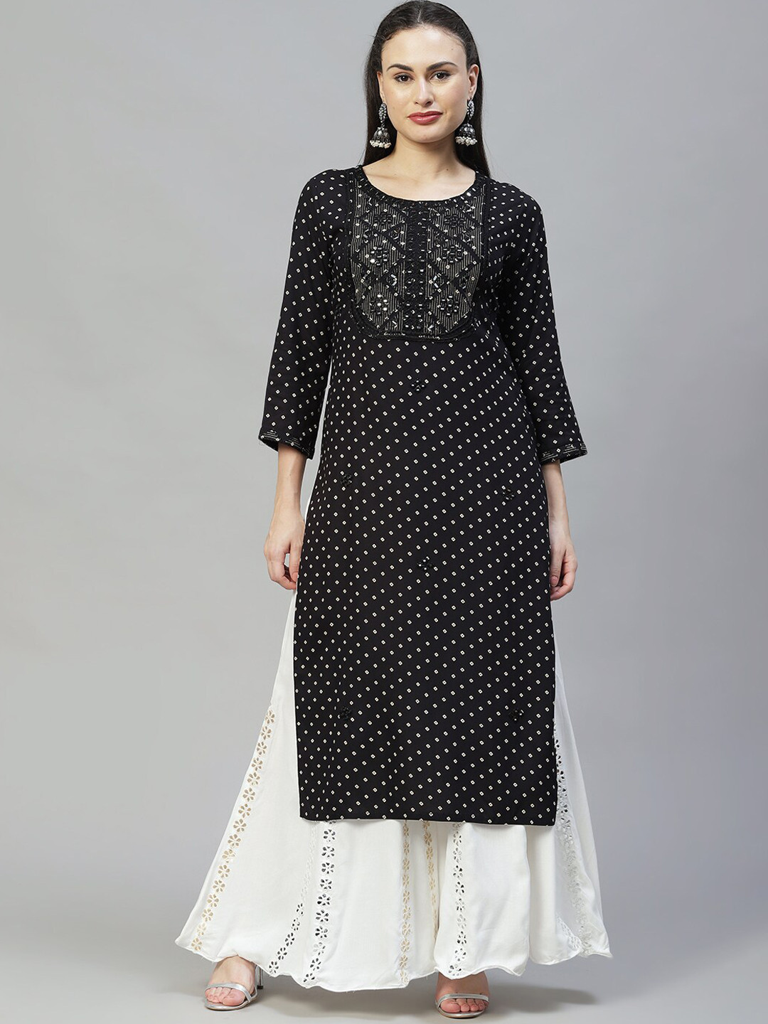 

FASHOR Women Black Geometric Printed Flared Sleeves Mirror Work Kurta