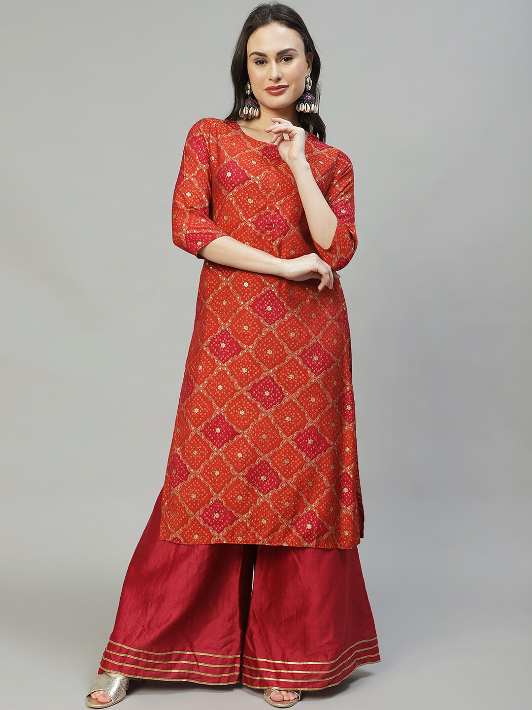 

FASHOR Women Red Ethnic Motifs Embellished Straight Kurta