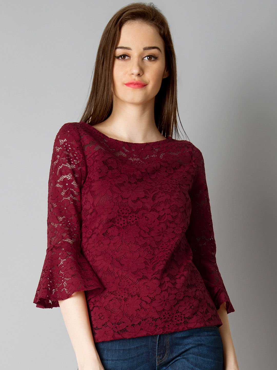 

FabAlley Women Maroon Self-Design Lace Top