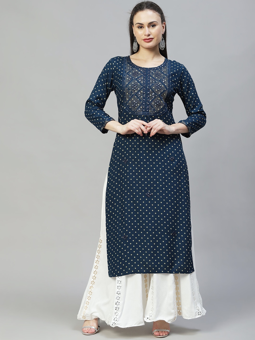 

FASHOR Women Teal & Off White Embroidered Straight Kurta