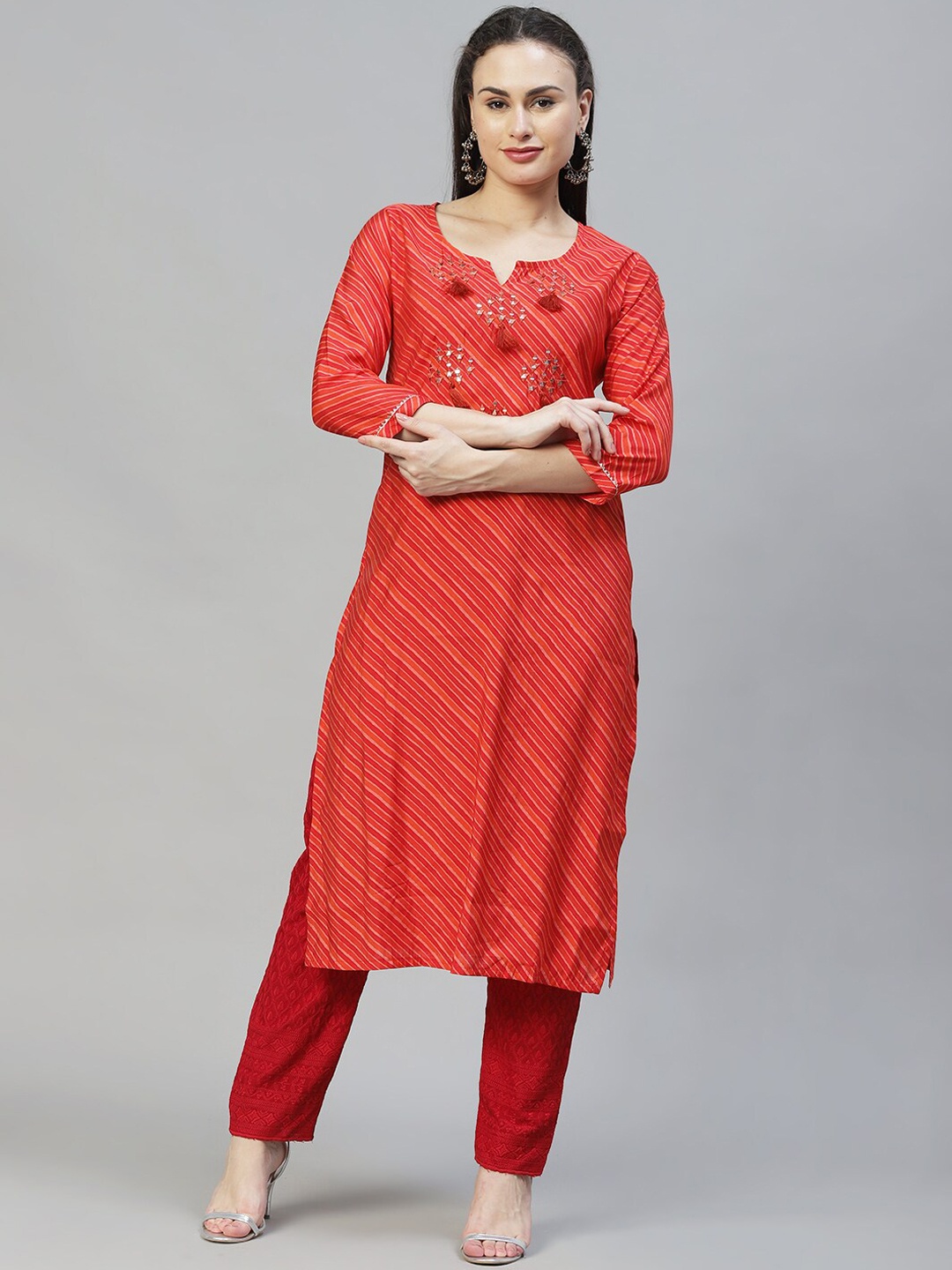 

FASHOR Women Red Striped Mirror Work Kurta