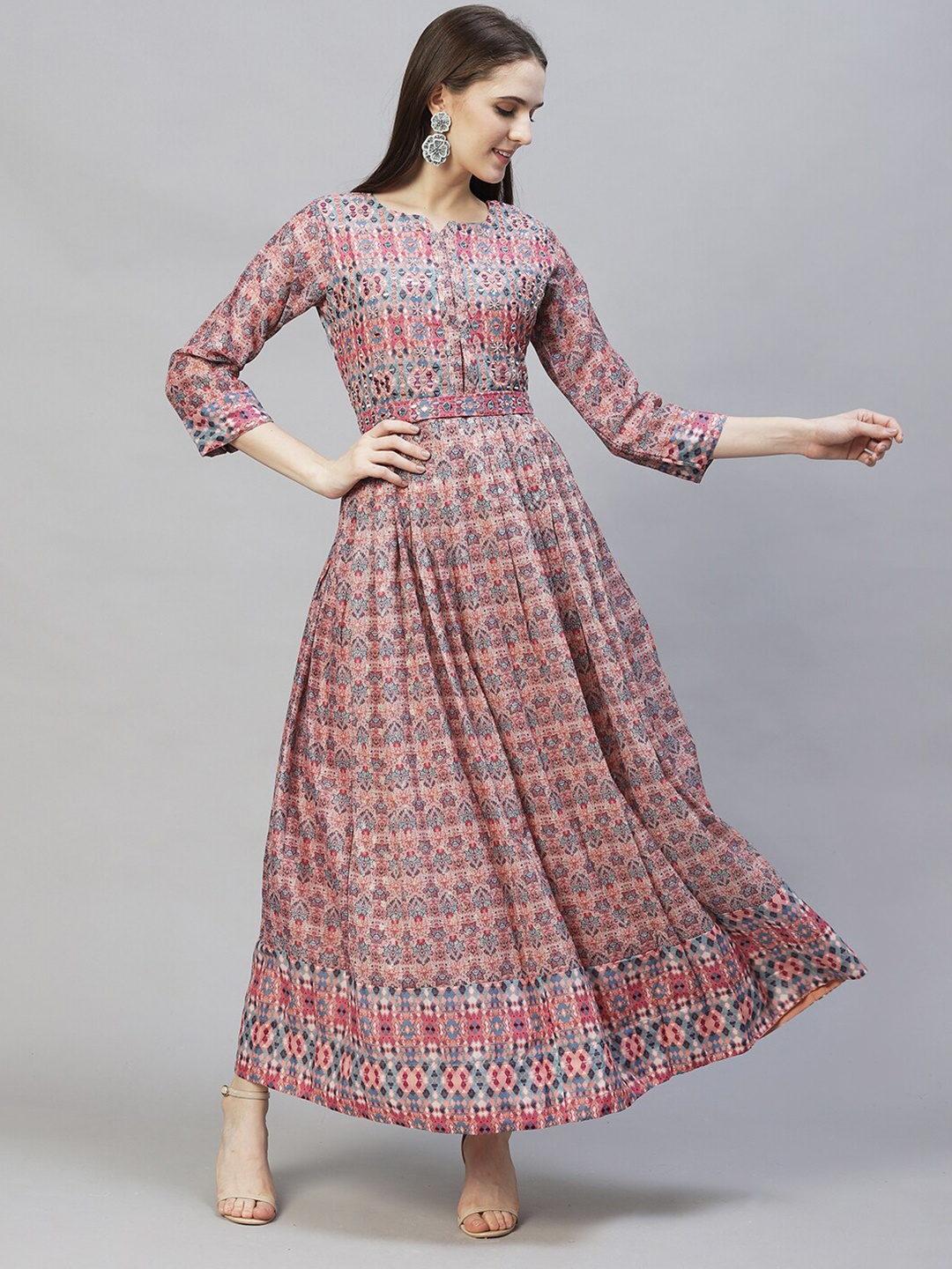 

FASHOR Women Pink & Blue Ethnic Motifs Chanderi Silk Maxi Dress