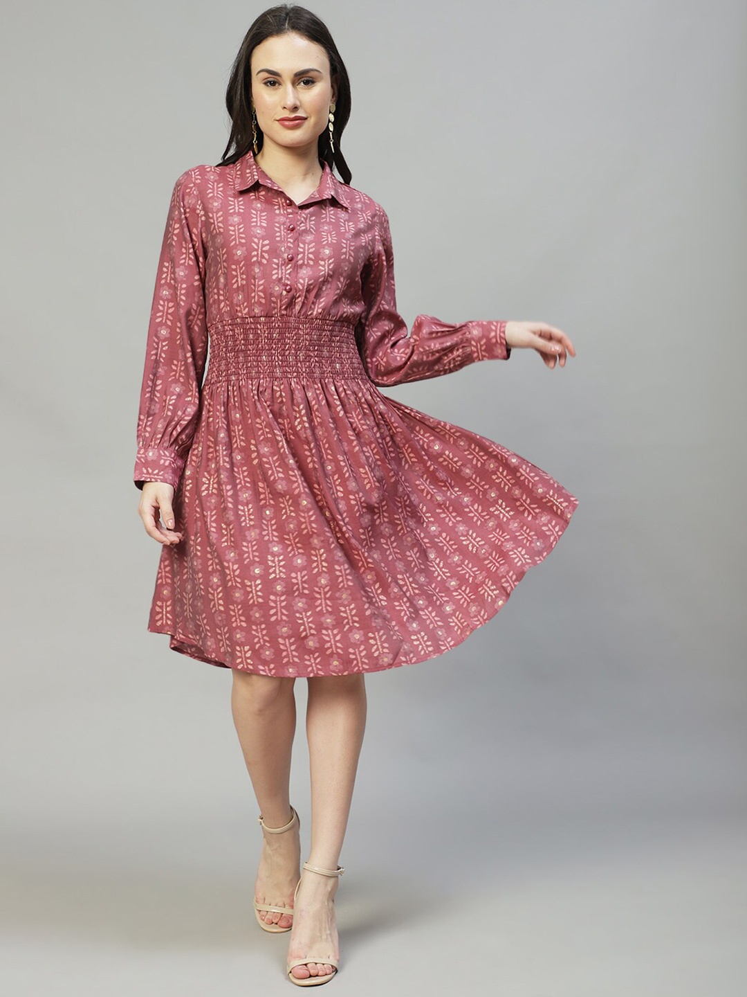 

FASHOR Women Mauve Shirt Style Flared Midi Dress